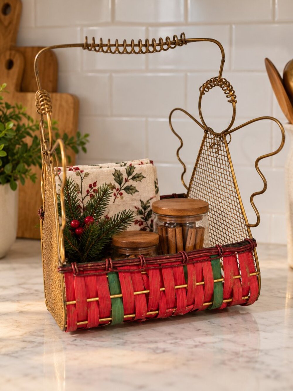 Christmas Angel Gold Wire Basket Red Green Woven Holiday Decor